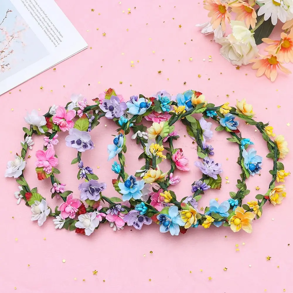 แฟชั่นมงกุฎดอกไม้ฤดูใบไม้ผลิโบฮีเมียดอกไม้ Crown Headbands ผู้หญิงปรับริบบิ้นดอกไม้เด็กผู้หญิงพวงหรีดเจ้าสาว Halo Headpiece