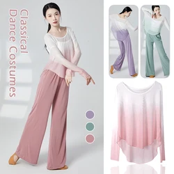 Women Modern Dancing Suit Summer Gradient Tops Wide Leg Chiffon Pants Practice Dance Pants Performance Classical Dancing Wear