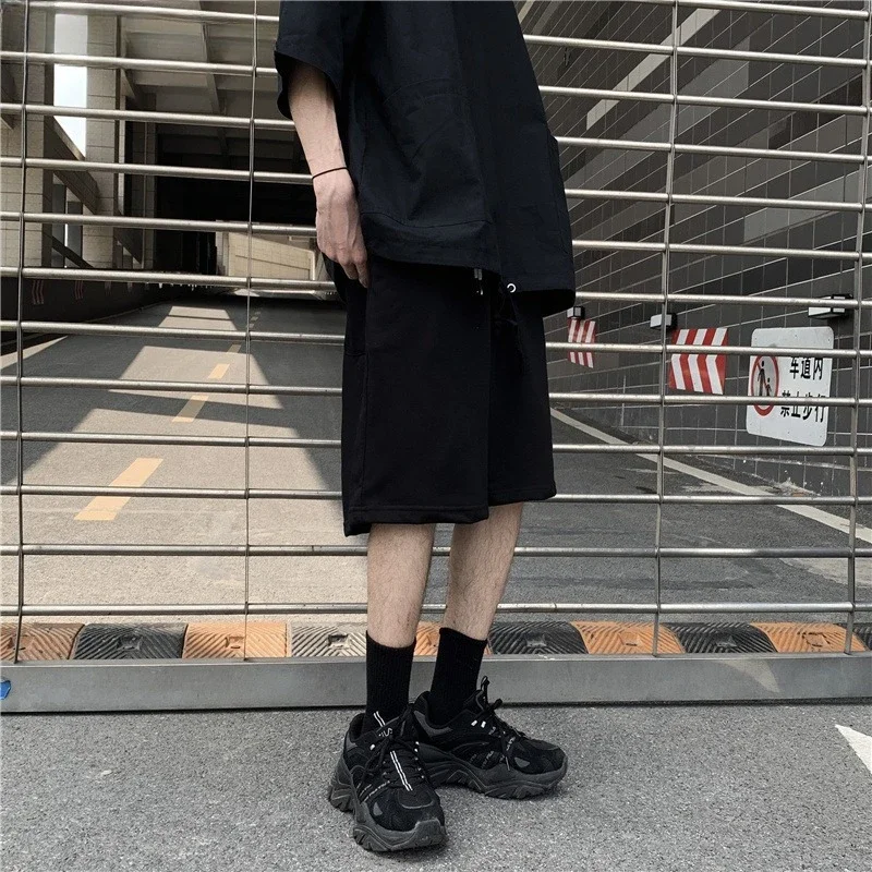 Black Shorts Women Elastic Waist Drawstring Summer Loose Straight Korean Style Ins Chic Leisure Unisex Stylish All-match Basic