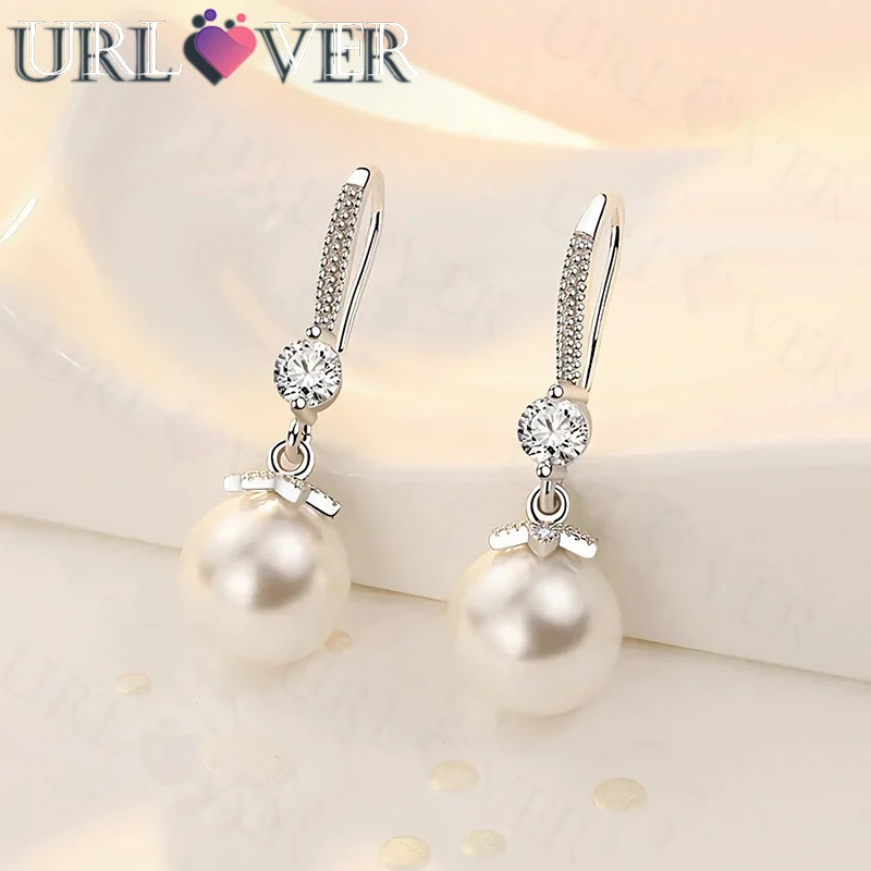 

URLOVER 925 Sterling Silver Romantic Crystal Pearl Earrings for Women Fashion Designer Jewelry Party Wedding Accessories Gifts