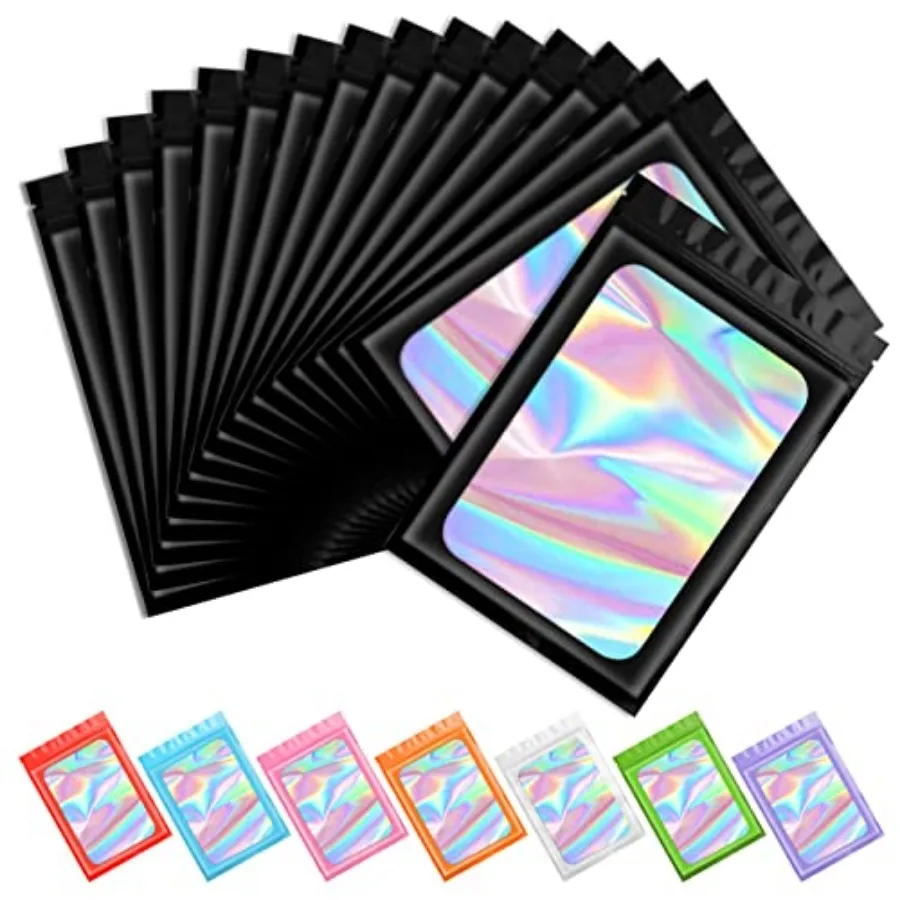 00 pcs Black Mylar Holographic Resealable Bags, Clear Packaging Bag Odor Proof Foil Pouch Bag for Food Storage, Lipgloss, Jewel