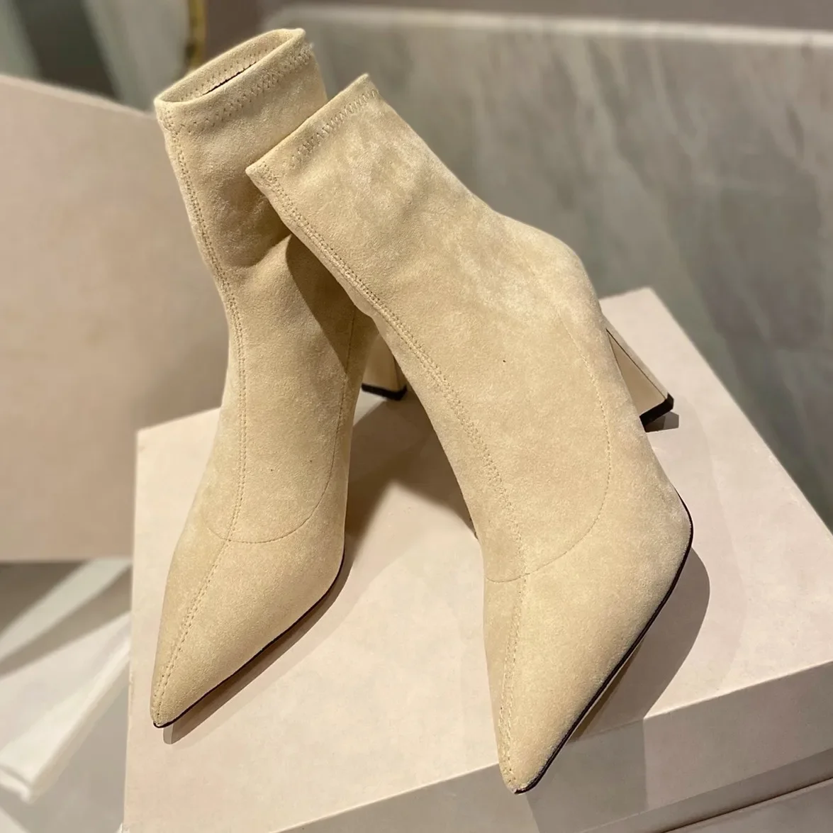 

European and American Style Spring and Autumn 2023 New High Heel Short Boots Women's Pointed Elastic Ankle Boots shoes high