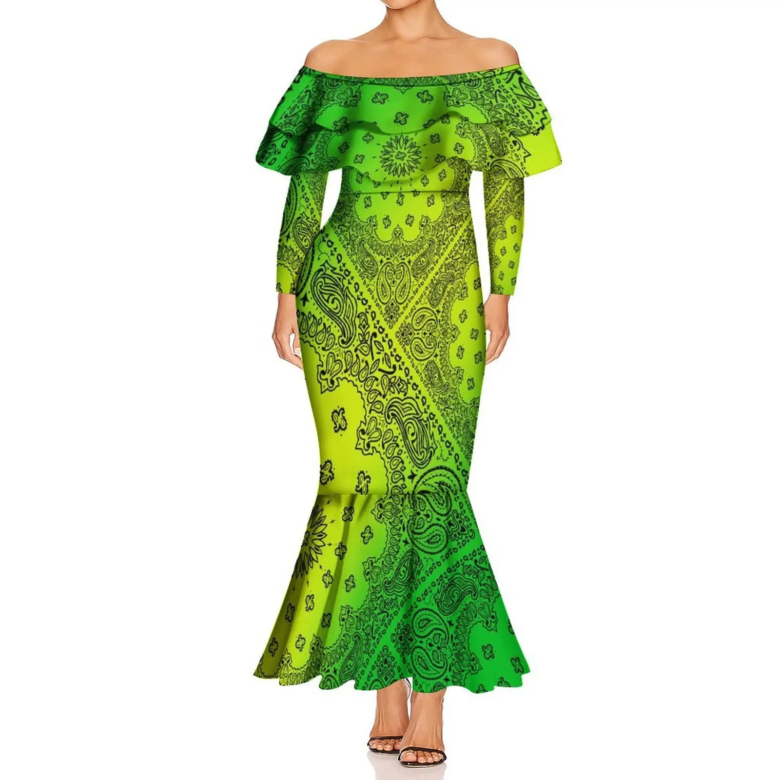 Elegante senhora havaiana de manga comprida um pescoço dupla camada babados fino fishtail vestido verão bandana padrão personalizado