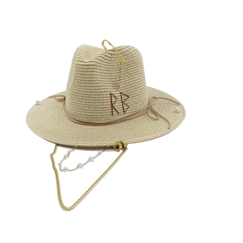 Personal design summer straw hat DIY handmade hat pearl chain jazz hat sun hat new letter hat beach hat female sombrero image 3
