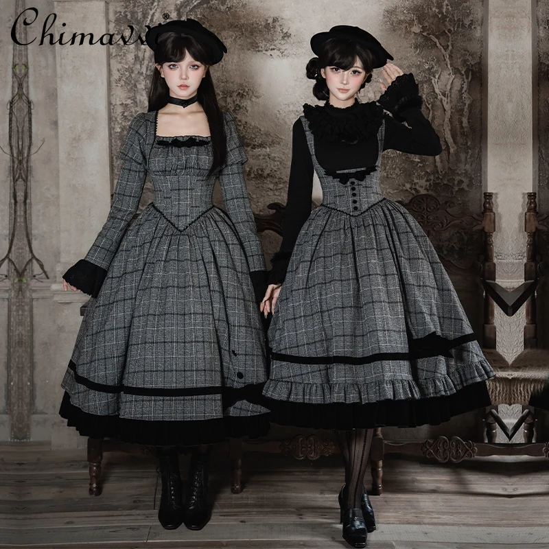 

Original Japanese Plaid Fishbone Chest Support OP Dress Autumn Winter Gothic Punk Dark Girl Long Sleeve Elegant Lolita Dress