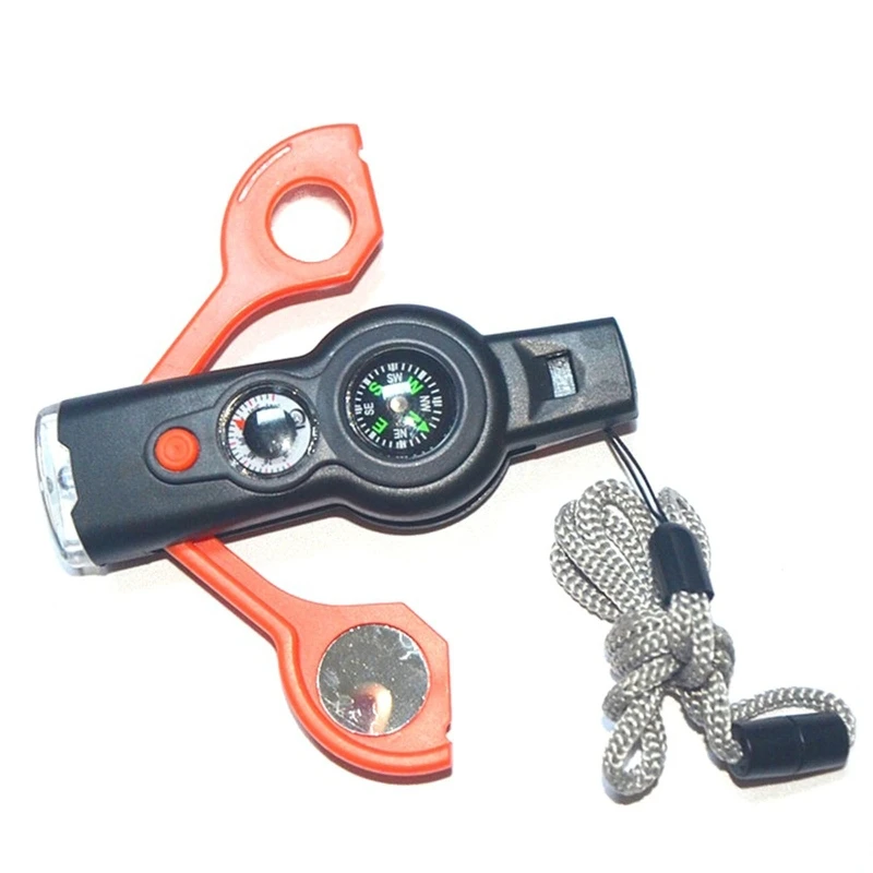 Multifunction 7 In1 Outdoor Survival Whistle Keychain with Compass Magnifier