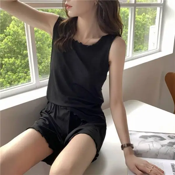 

Summer Thin Pure Color Vest Nightgown Women's Home Clothes Set Sweet Sle round Ne Svel ort Pants Home Comfortable