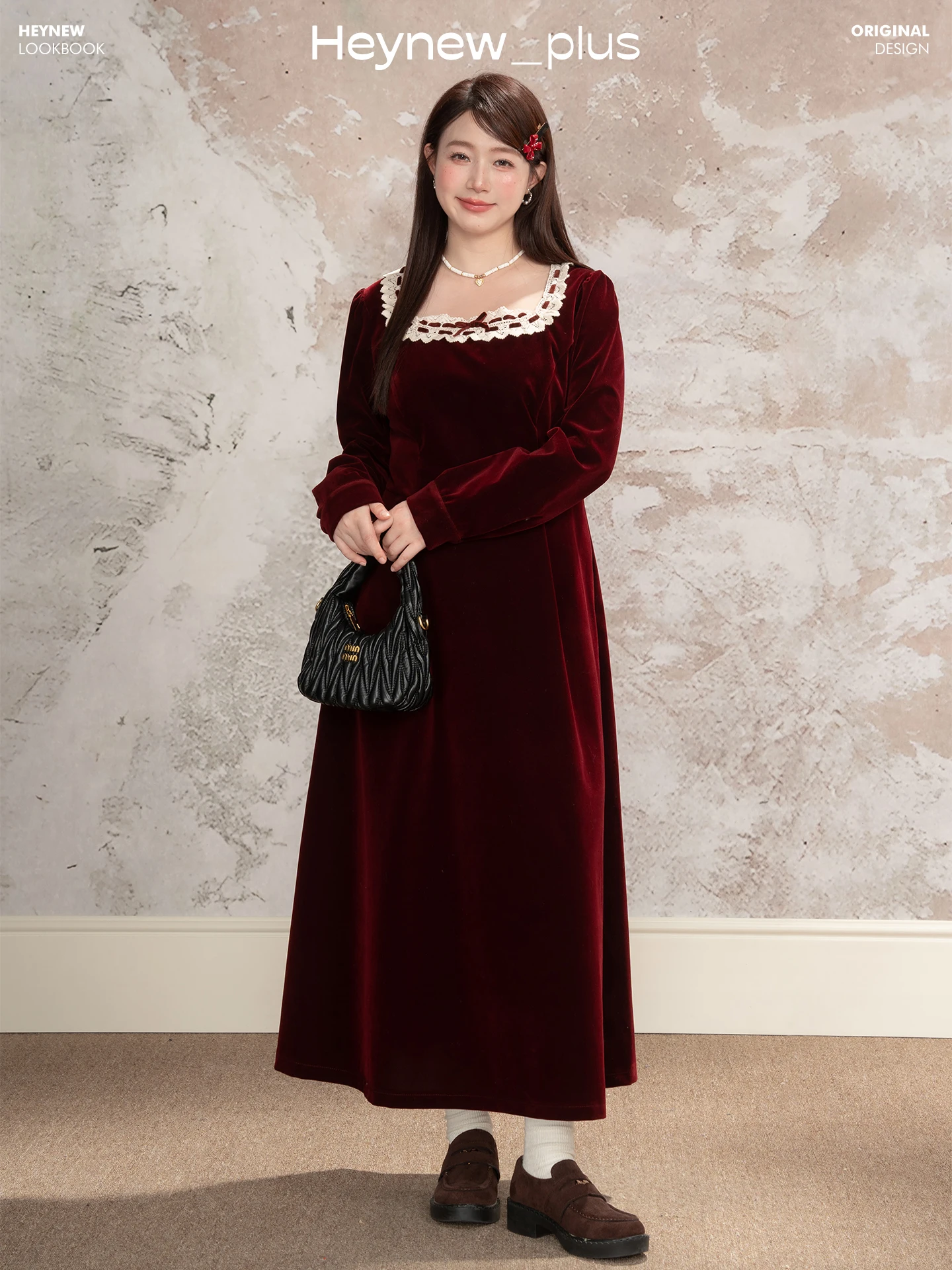 

Heynew Retro Red Velvet Dr with Lace Trim And Square Collar for plus Size Women Autumn Winter Slimming Long Dr