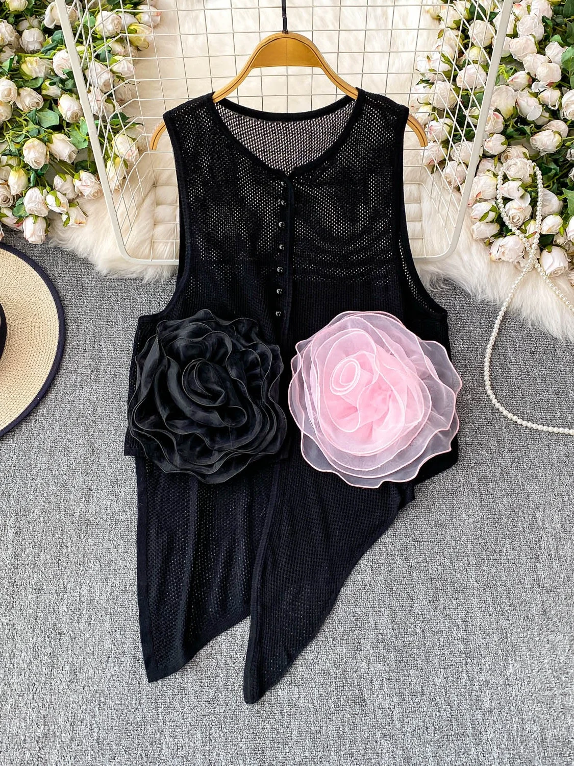 Gilet tricoté à fleurs 3D, haut d'été ajouré à balayage irrégulier pour jeunes femmes, coupe ample, bouton unique