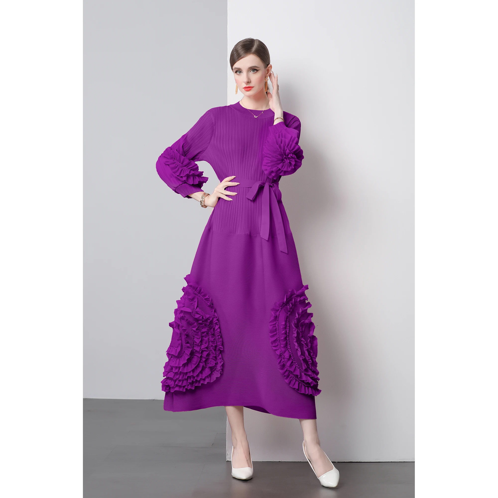 ZUO MAN RU-Jupe longue pliée pour femme, décoration florale 3D, à lacets, taille amincissante, robe longueur genou, automne, nouveau, 2024