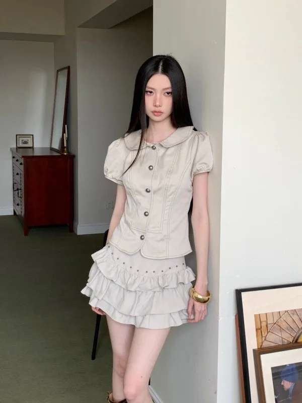 Sweet Cool Spicy Girl Design Cotton Blend Peter Pan Collar Bubble Sleeve Anti-Aging Top Set Huaibei Summer Women's Hanfu view 5