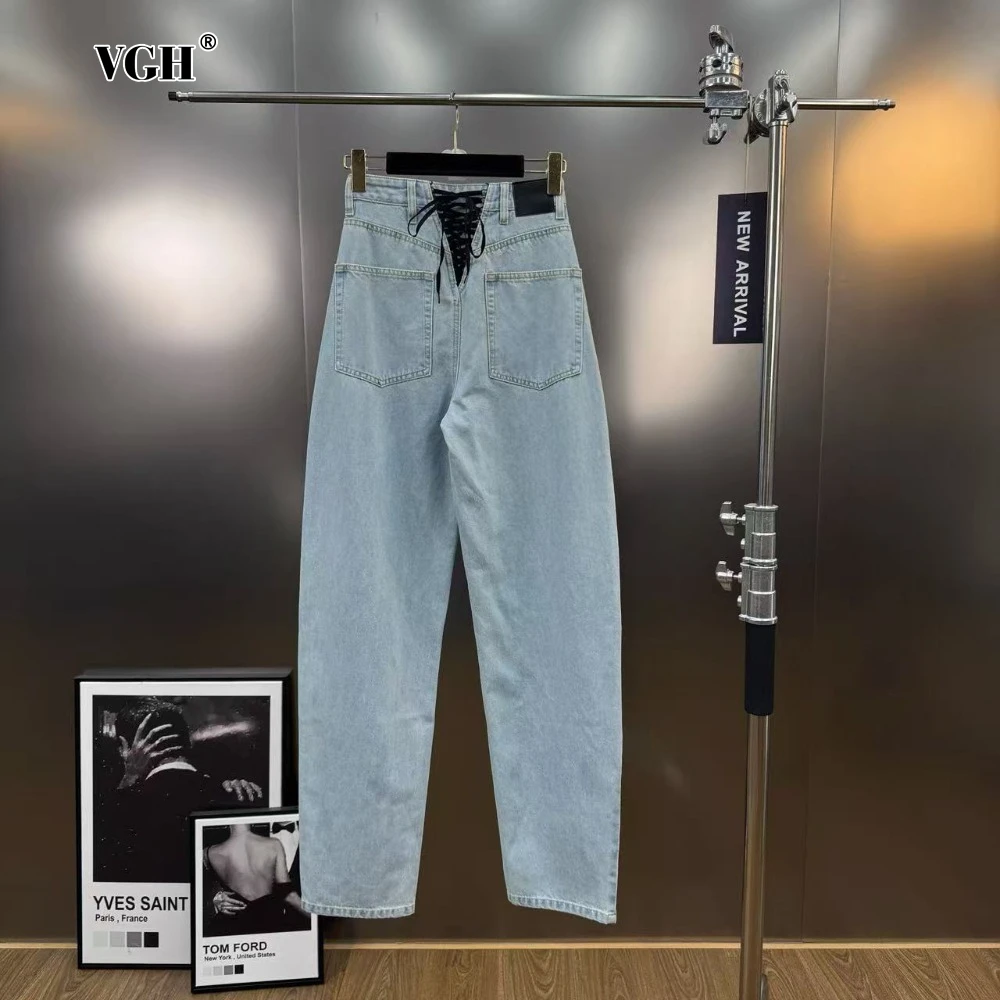 

VGH Sexy Spliced Back Lace Up Jeans for Women High Waist Casual Fashionable Slim Straight Leg Pants Female Autumn Clothing New