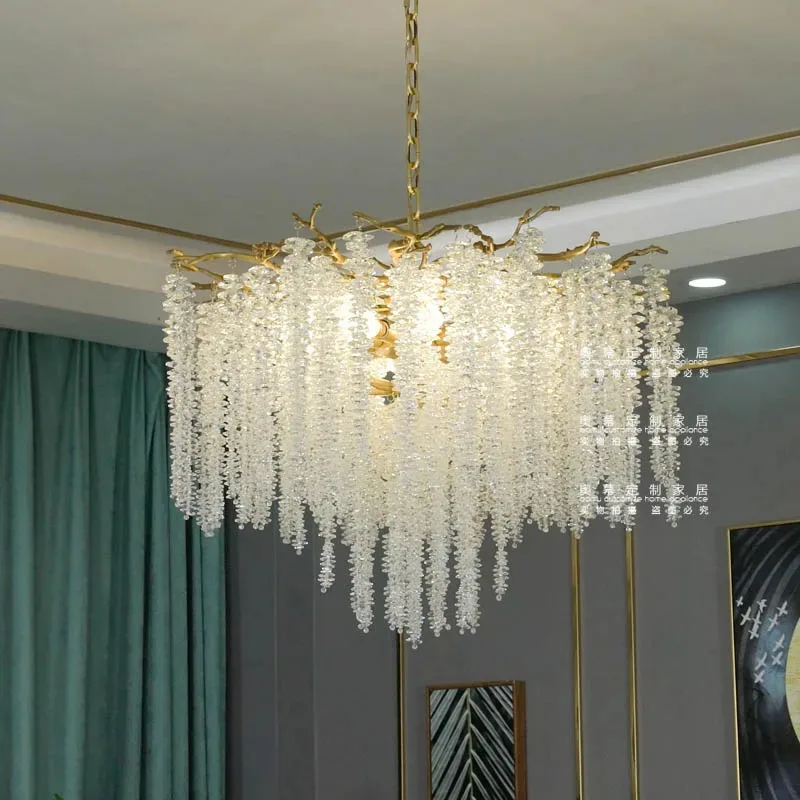 

Round American creative simple living room lamp personalized French branch brass dining room bedroom crystal fringed chandelier