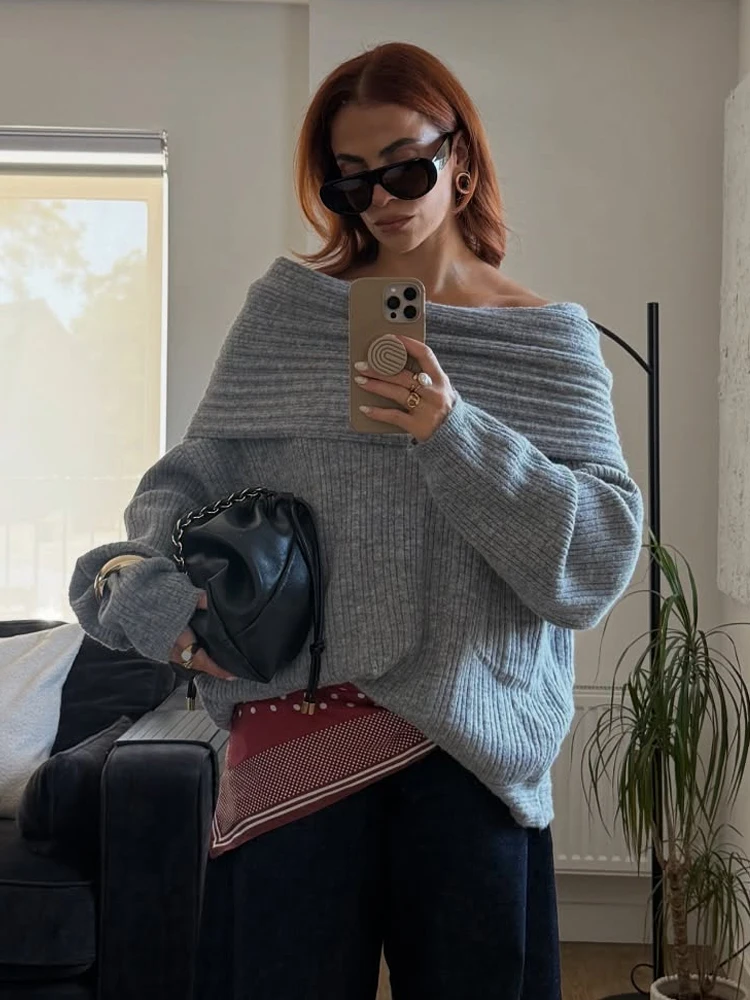 

HH женский однотонный уличный свитер ленивый ветер на одно плечо вязаный свитер с росой на плечах женский свободный тонкий пуловер с длинными рукавами топ