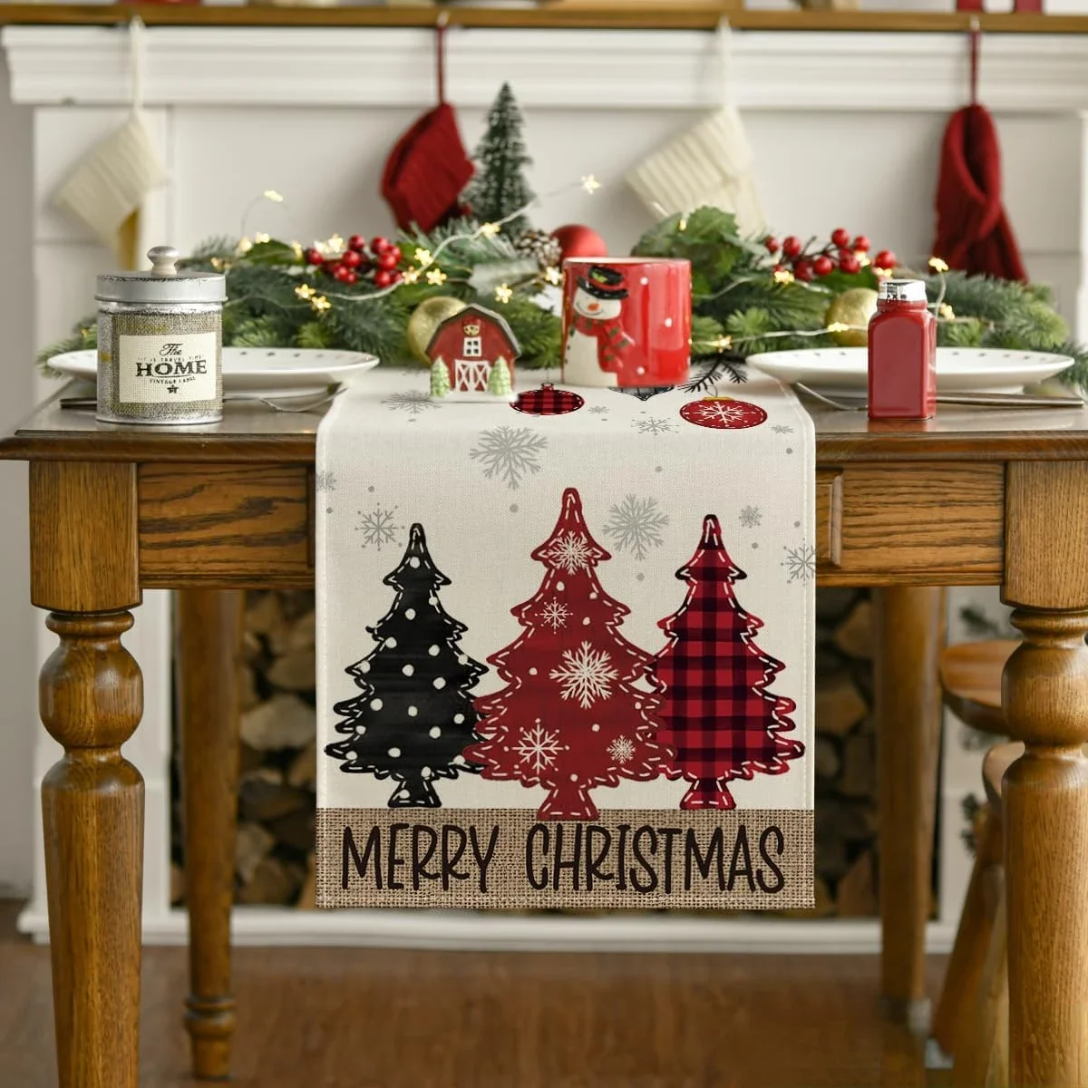 1Pc Christmas Style Table Runner Red Black White Snowflake Tree Ornament Merry Christmas Print Table Cover For Dining