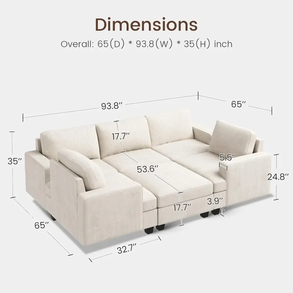 Modular Sectional Couch with Storage Ottoman, Corduroy Sleeper Sectional Sofa with Chaise, Sectional Couches for Living Room,