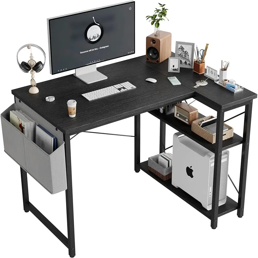 Scrivania a forma di L con ripiani e borsa portaoggetti Tavolo angolare per computer Workstation da gioco Studio per ufficio domestico