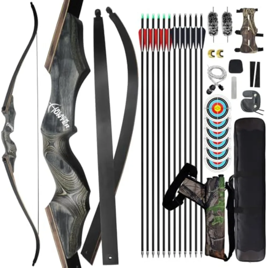 

60 Inch Black Hunter Recurve Bow 20-60lbs Left Handed Takedown Bow Hunting Bow and Arrow Set with Arrow Quiver Archery Kit for