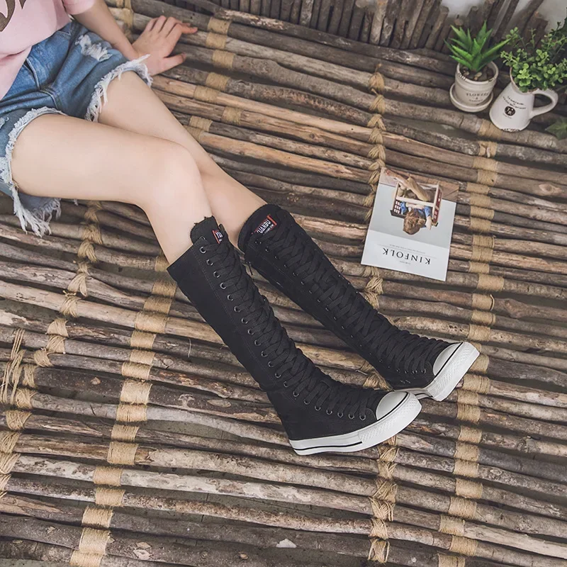 New Women's Canvas Boots Zip Shoes Comfortable Womens Shoes Flat High-top Female Sneakers Lace-up Knee-high Boots Bota Feminina