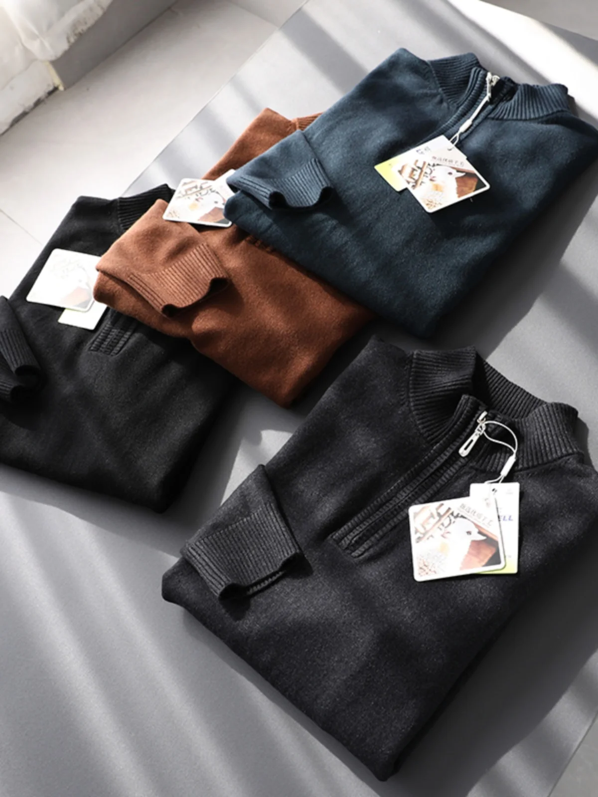 

High Quali Men's Knitted Sweater with Zipper f High Collar Wool Blend Autumn Winter Faion Urban Sle Long Sve Ther...