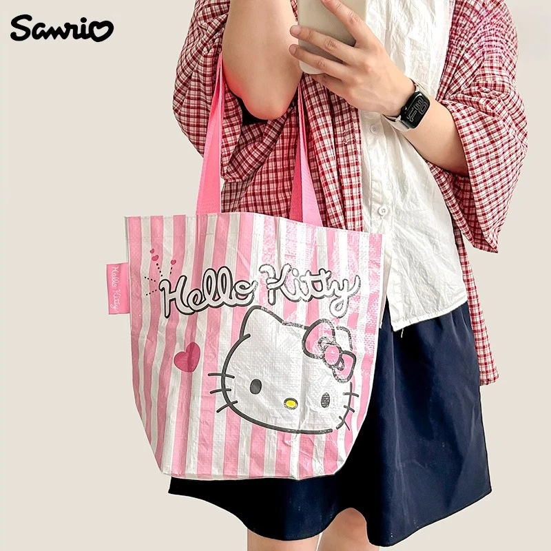 

Kawaii Hello Kitty Kuromi My Melody Large Capacity Woven Bag Anime Sanrio Girl's Heart Cute Folding Portable Shopping Bag