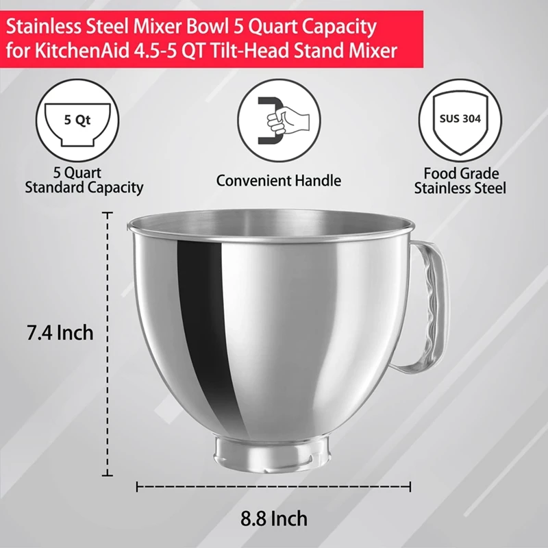 Silver Bowl For Kitchenaid Classic&Artisan Series 4.5-5 QT Tilt-Head Mixer, 5 Quart 304 Stainless Steel Bowl