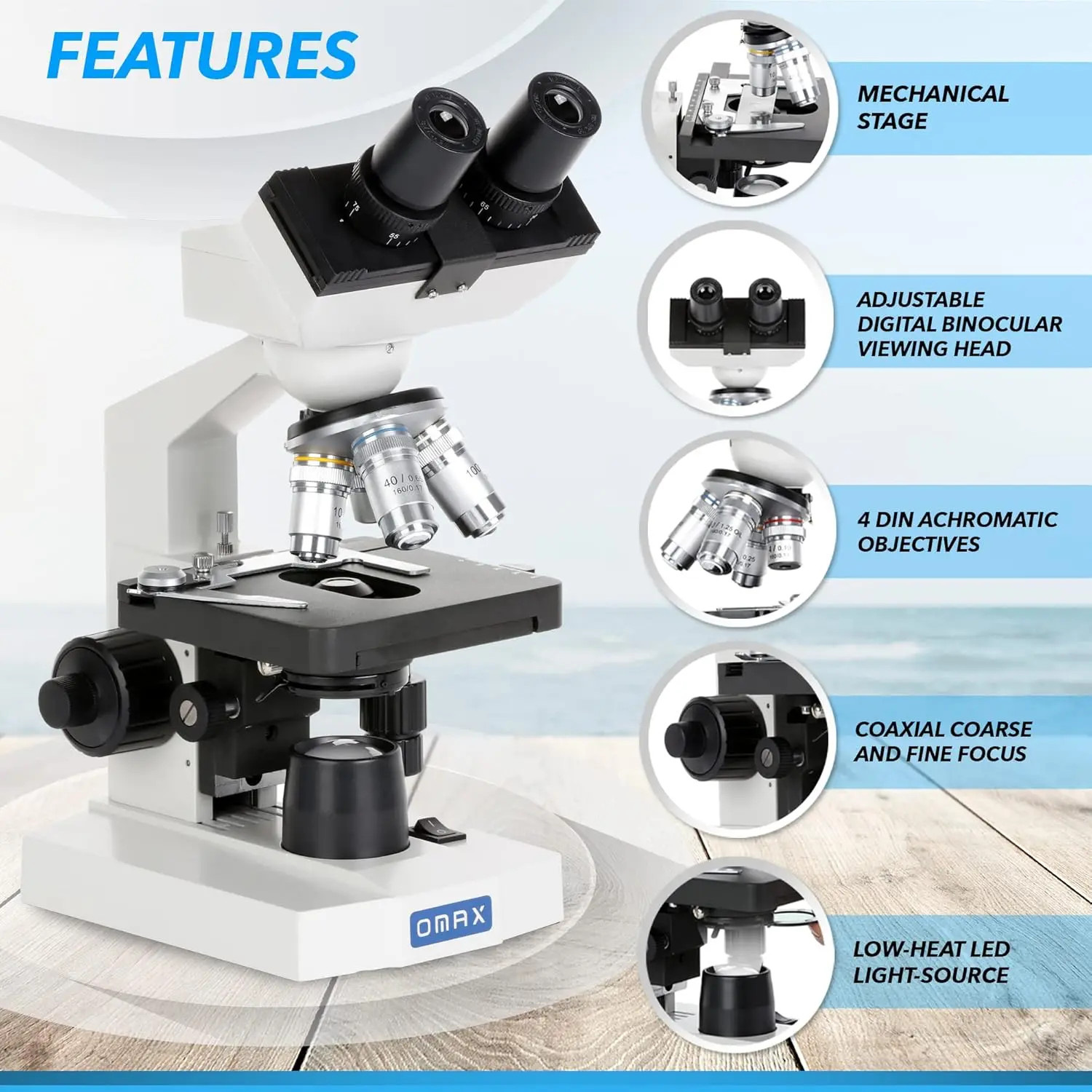 OMAX 40X-2000X Lab LED Binocular Compound Microscope with Double Layer Mechanical Stage and Coaxial Coarse/Fine Focusing