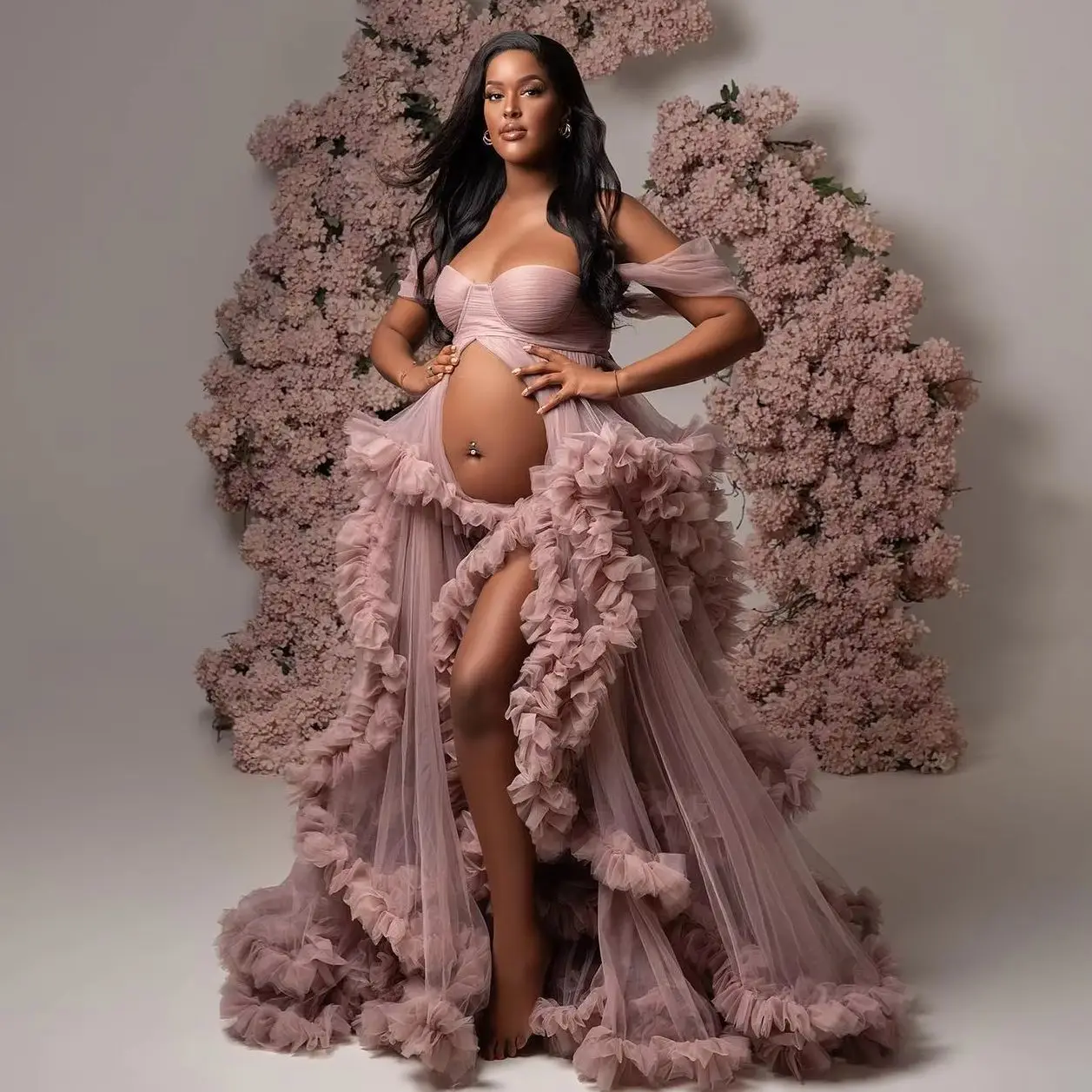Dusty Pink Pregnant Women Maternity Robes Off the Shoulder Babyshower Gowns Puffy Ruffles Photography Dresses Customized