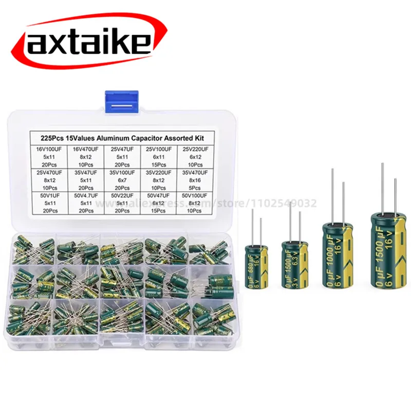 225PCS 15 Values 16 25 35 50V High Frequency  DIP Aluminum Electrolytic Capacitor Box Kit 100uF 220 470 4.7UF