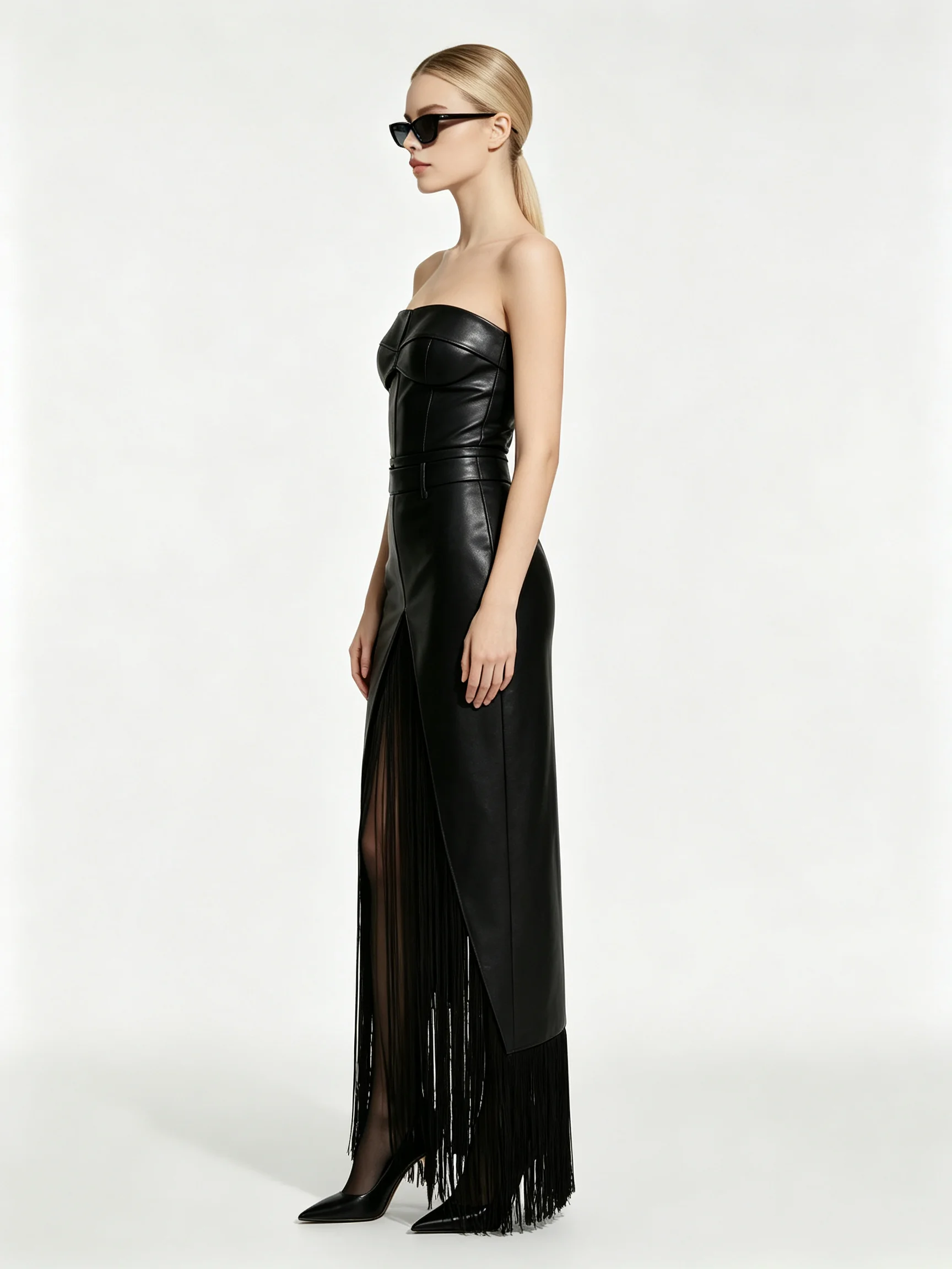 Women's Faux Leather Strapless Gown with Corset Bodice and Long Fringe Detail