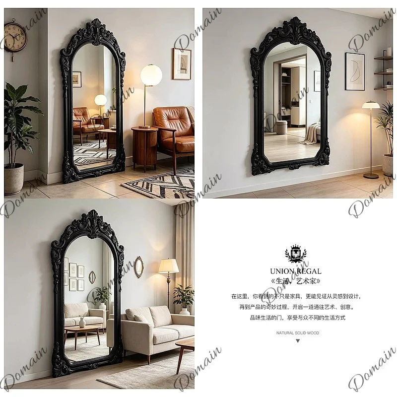 French Carved Floor Mirror Full Length for Bedroom, Vintage Arched Dressing Mirror for Living Room
