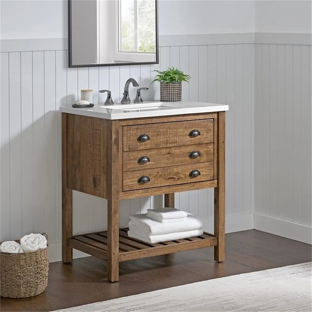 

31" Wood Single Bathroom Vanity Natural Brown Washbasin Cabinet With Sink Furniture Fixture Home Improvement