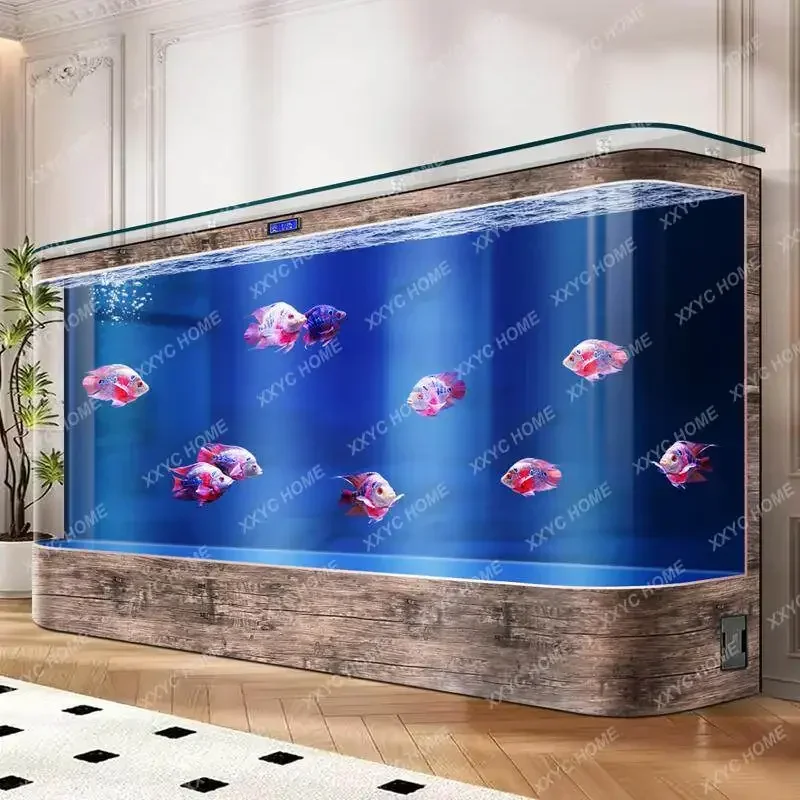 GG large curved glass tank floor integrated molding high-end fish tank living room home wall high definition aquarium