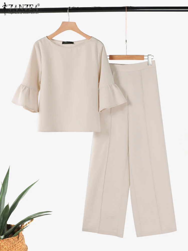 ZANZEA-Ensembles de pantalons de travail pour femmes, tenue élégante, blouse à demi-manches, monochromatique, fjSuits, survêtement décontracté, avocat, 2024, 2 pièces