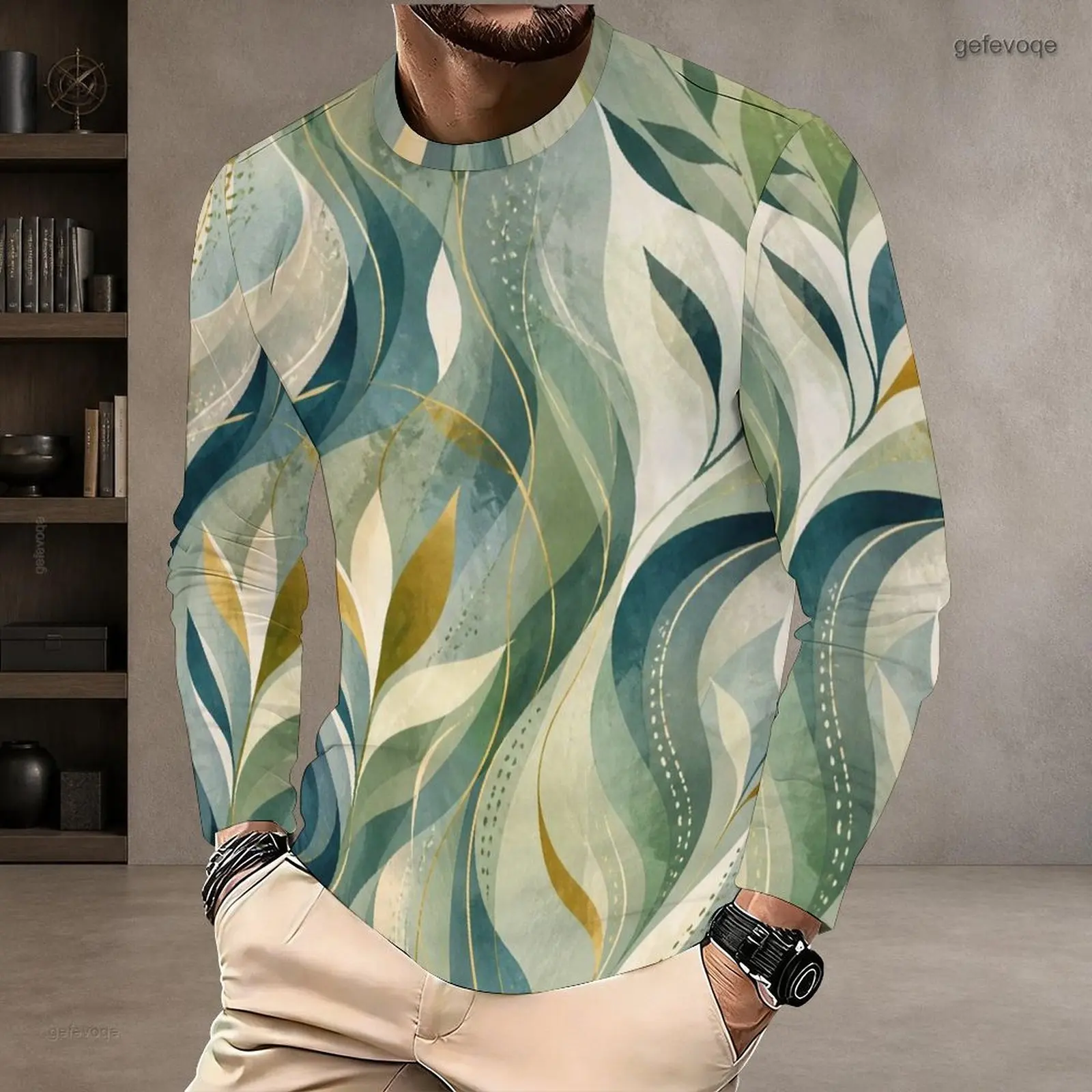 Printed T Shirt for Men Round Neck Long Sleeve Pullover Straight Hem
