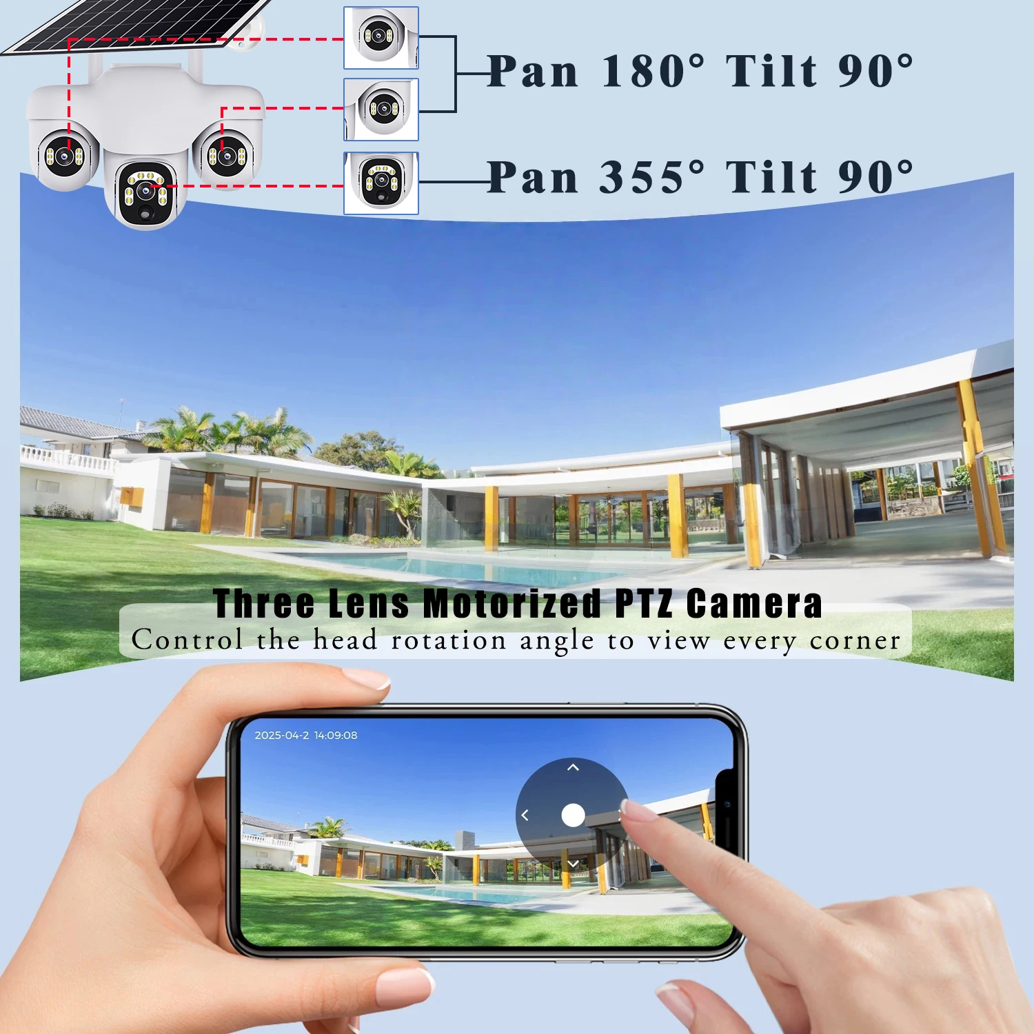 Triple Lens Solar IP 4G Camera 15MP Three Screen 3Motorized PTZ Camera Solar Panel Color Night Vision Human Tracking Outdoo CCTV