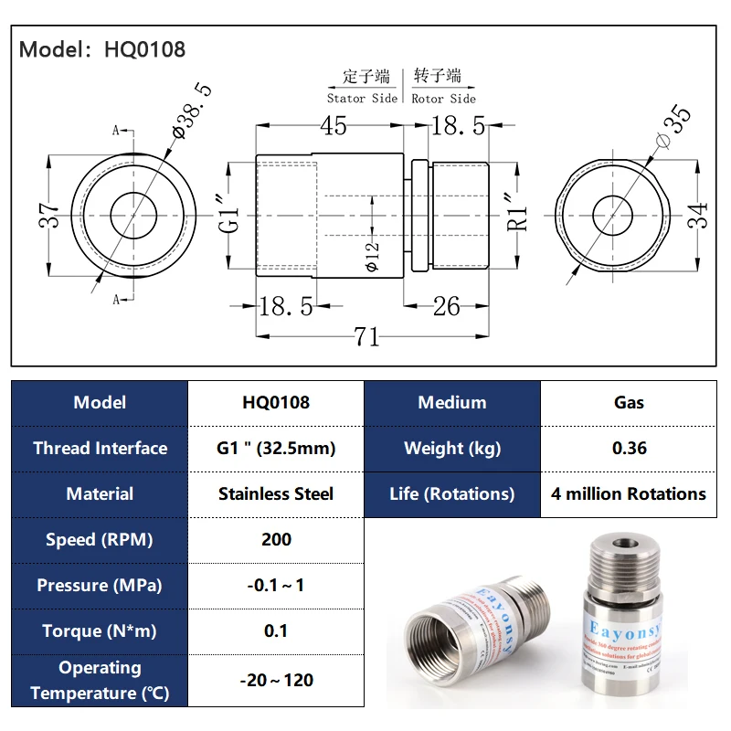 Single passage 360 degree rotary connection through gas,G1