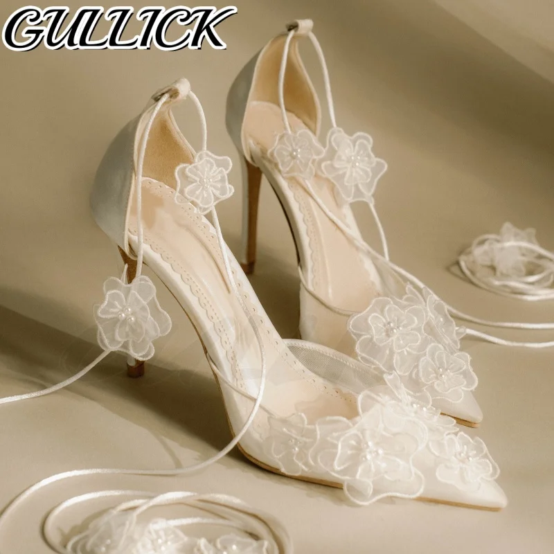 

Bridal Blossom Air Mesh Heeled Sandals Shallow Lace Up Wedding Elegant High Heels Pointy Toe White Women Luxury Flower New Shoes