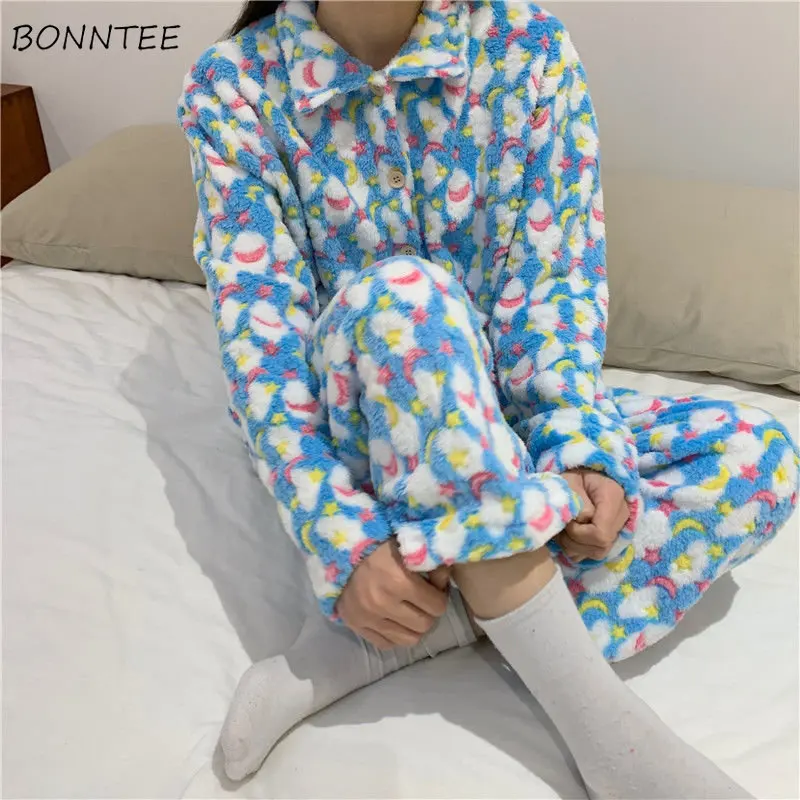 Blue Pajama Sets Women Kawaii Thicken Simple Ins Winter Soft Fashion All-match Long Sleeve Casual Vintage Sweet Student Harajuku