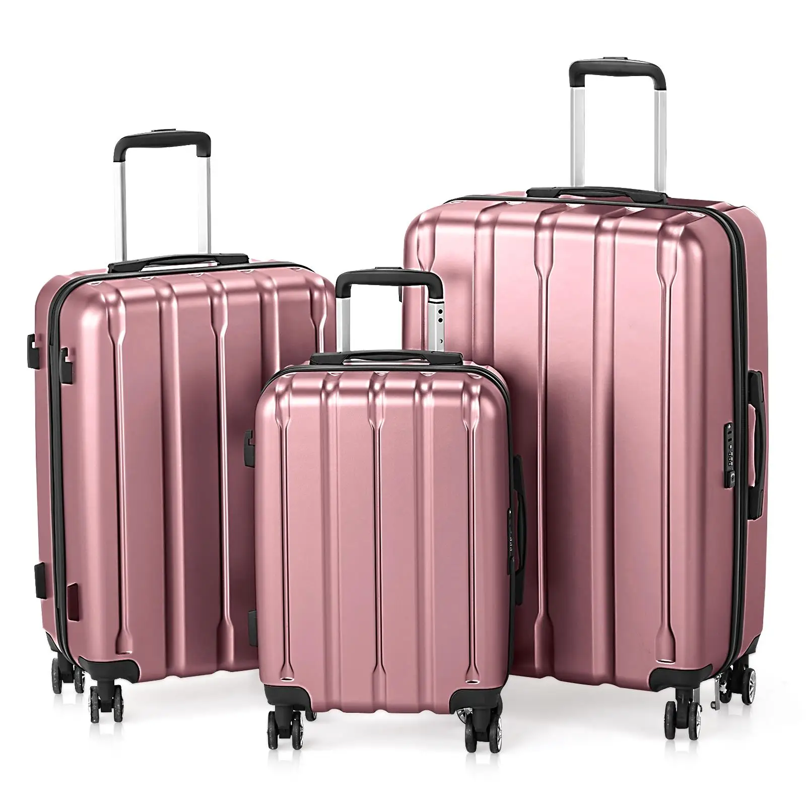 3-in-1 Vertical Stripes Trolley Suitcase Set - 20in 24in 28in, Durable ABS PC, Wine Red Fashion Color