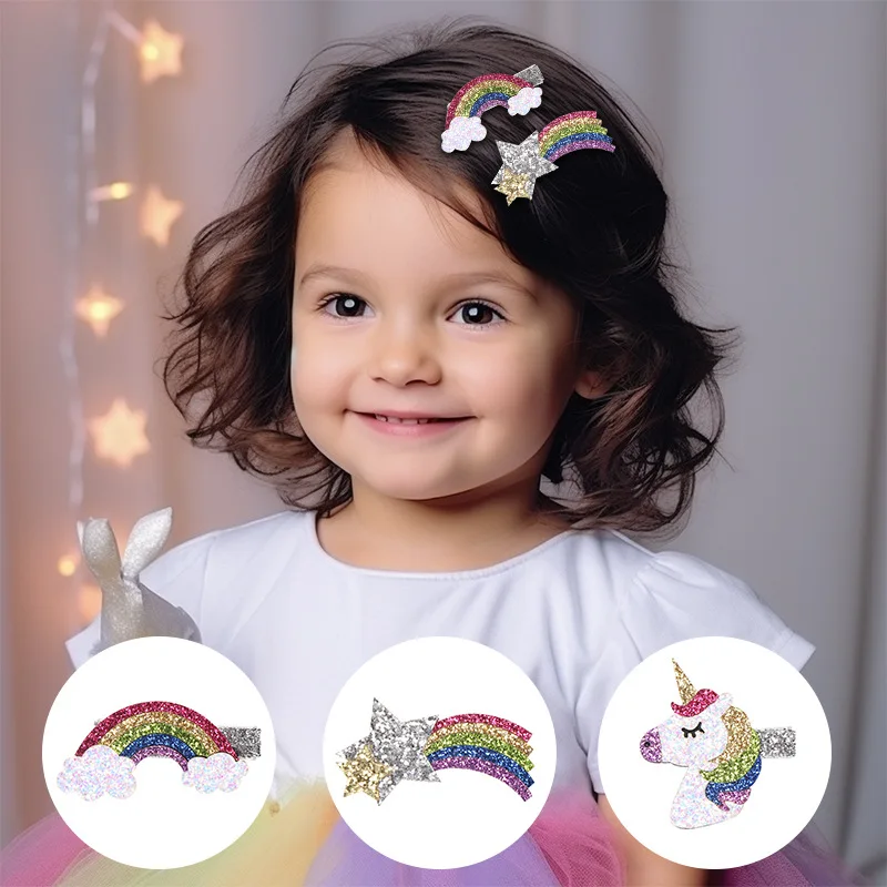 1pcs Magical Unicorn Rainbow Hair Clips For Girls Playful Glitter Accent Trendy Stylish New Headwear Kids Bangs Daily Hairstyles