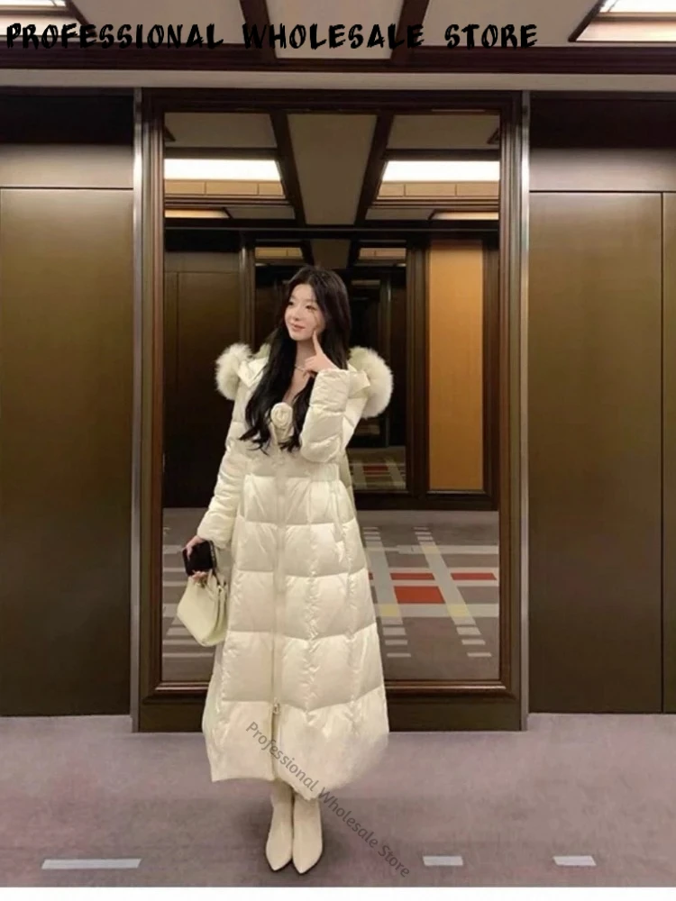 Women's Longline Winter Coat Natural Fur Hood Adjustable Waist Zipper Closure Chic Outerwear Stylish for Everyday Casual Outfits