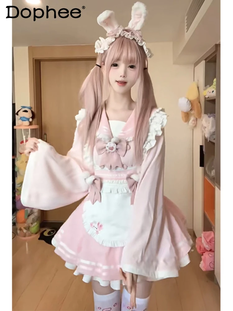 

Sweet and Cute Girlish Navy Collar Sailor Suit Lolita Suit Skirt Pink Sweet Girl Soft Cute Top and Skirt and Apron Suit Spring