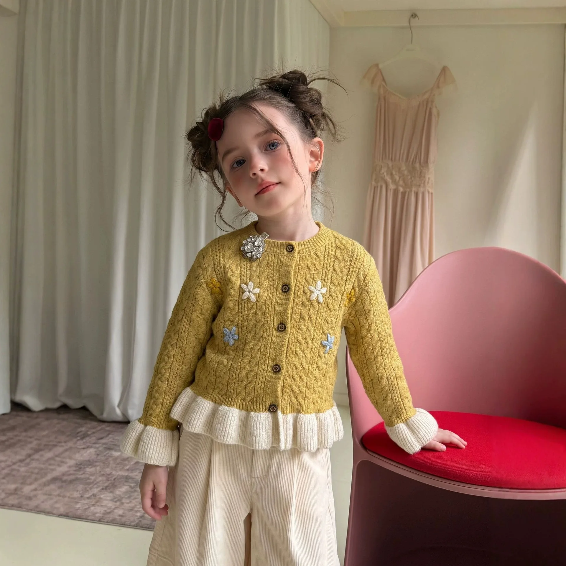 Girls' Autumn 2026 New Korean Color Blocking Fake Two-piece Long Sleeved Cardigan Children's Stylish Embroidered Flower Sweater