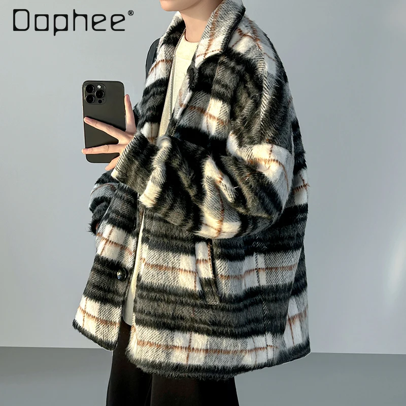 

Autumn Winter New American Style Men's Versatile Black and White Plaid Short Thick Wool Coat Loose Casual Khaki Jacket