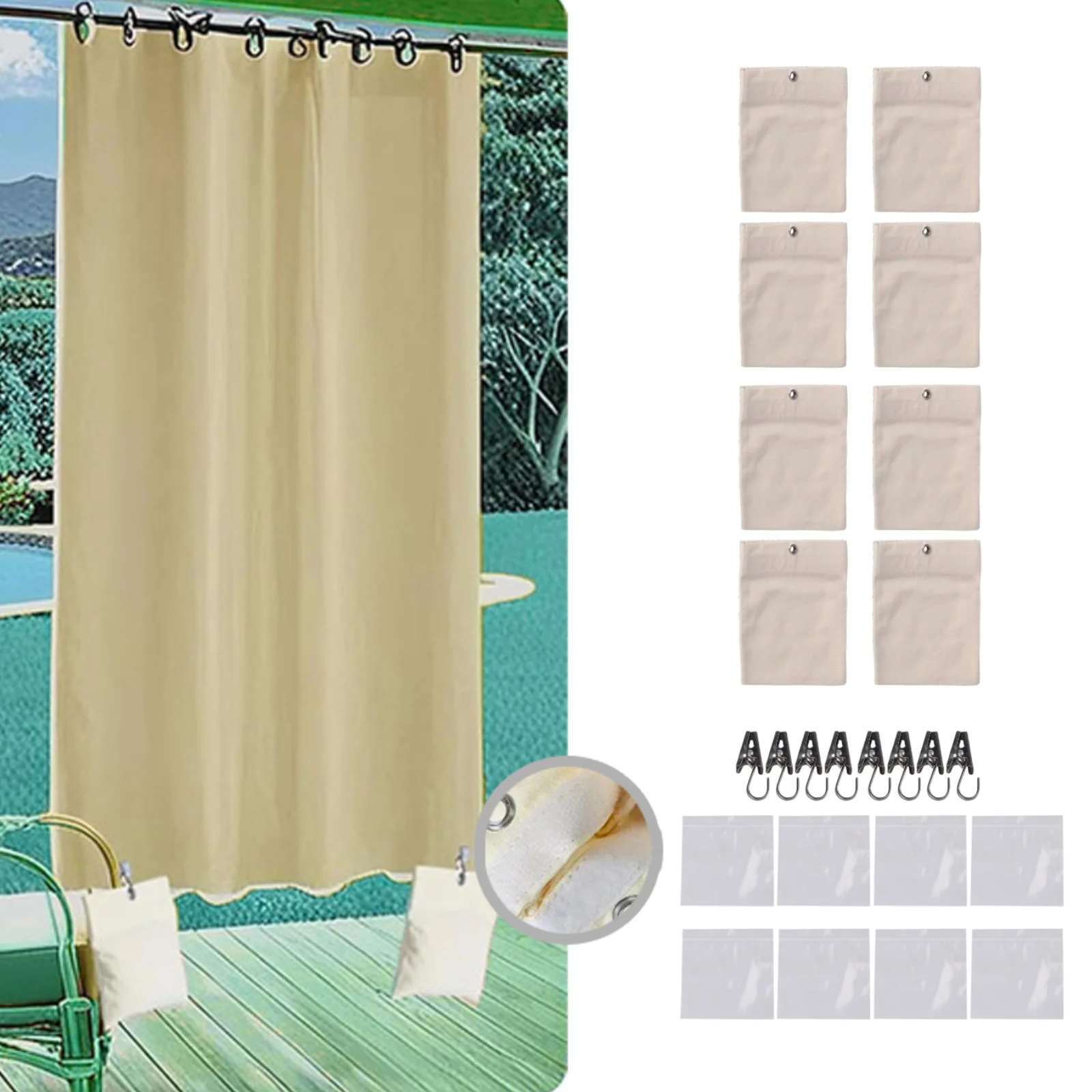 8pcs Canvas Outdoor Curtain Weight Bags With Clips And PE Liners For Pergola Drapes Cabana Gazebo Garden Windy Day For Stabilize