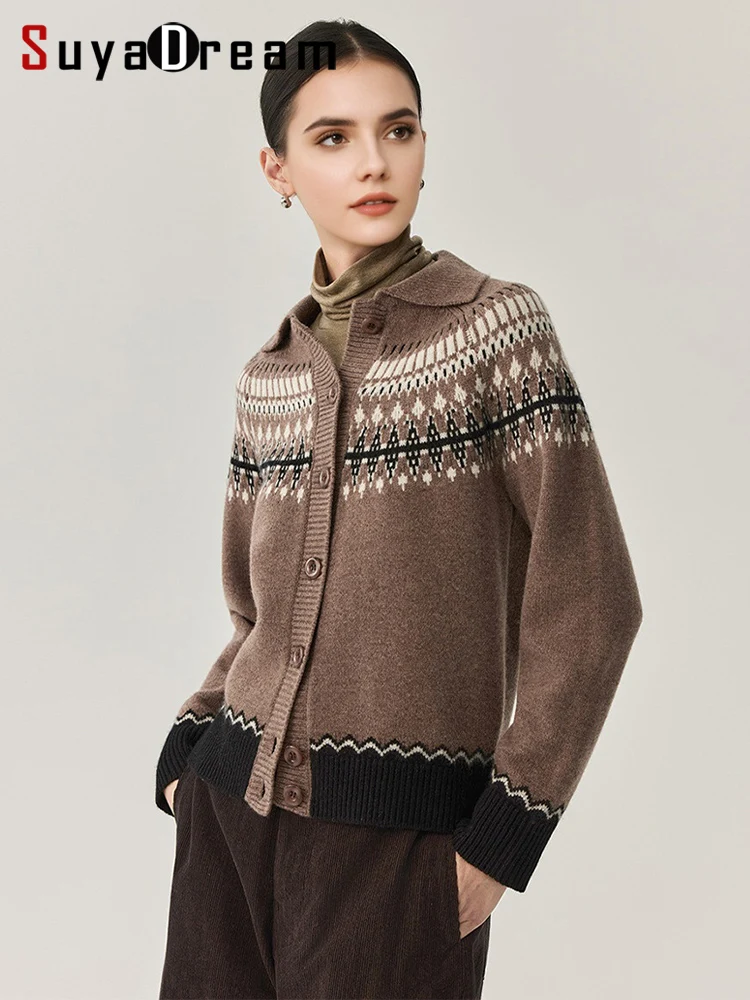 SuyaDream, Women Jacquard Cardigans, 100%Sheep Wool, Turn Down Collar, Christmas Sweaters, 2025 Fall Winter Knitted Jackets