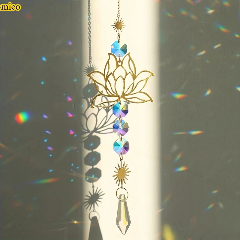 

1 Handmade Metal Lotus & Artificial Crystal Sun Catcher For Home & Garden Decoration, Wind Chime Pendant