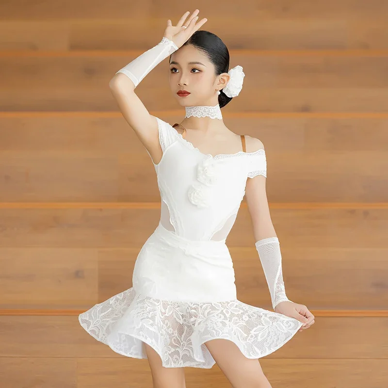 

2025 New Latin Dance Competition Clothing Girls White Standard Dance Costume Cha Cha Stage Performance Dress 5 PCS Set