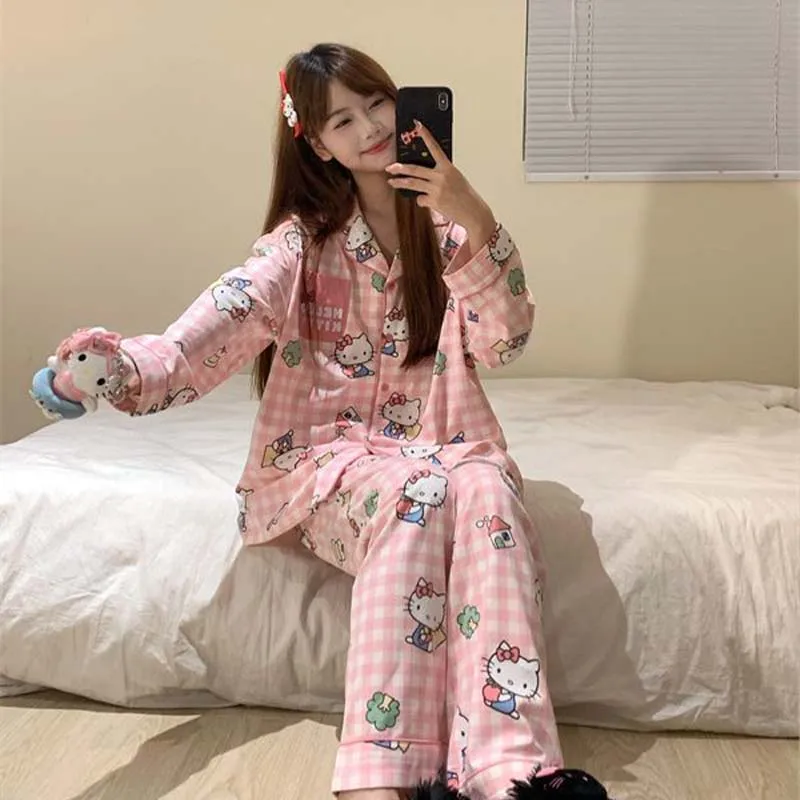 Pyjama imprimé dessin animé Sanrios Hello Kittys pour femme, vêtements de détente, Cardigan à manches longues, vêtements de maison, ensemble deux pièces, automne et printemps